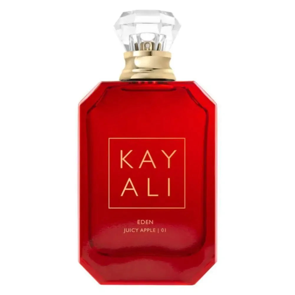 Kayali Eden Juicy Apple 01 100ml EDP: Women’s floral fruity perfume in a rectangular red glass bottle with diamond cap.