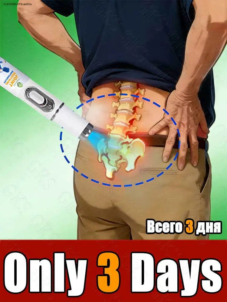 A white, pen-shaped therapy device emits a blue light onto a person’s lower back, highlighting their lumbar spine area.