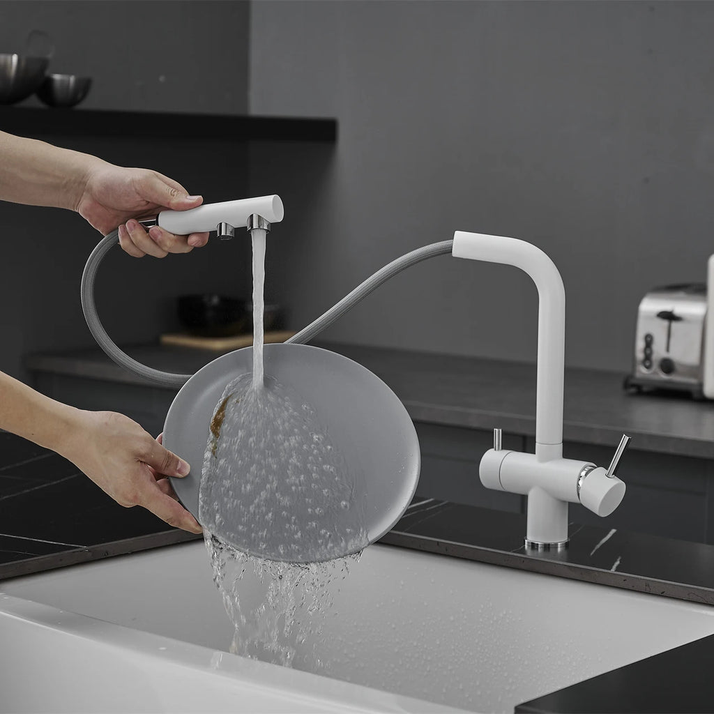 White Hot Cold Filter Kitchen Sink Faucets 3 Ways Pure Water Pull Out Kitchen Sink Mixer Tap Brass Filter Kitchen Sink Faucet