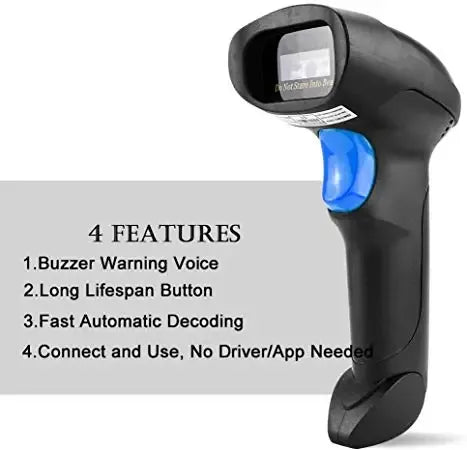 Black handheld barcode scanner with blue trigger light and angled scan head