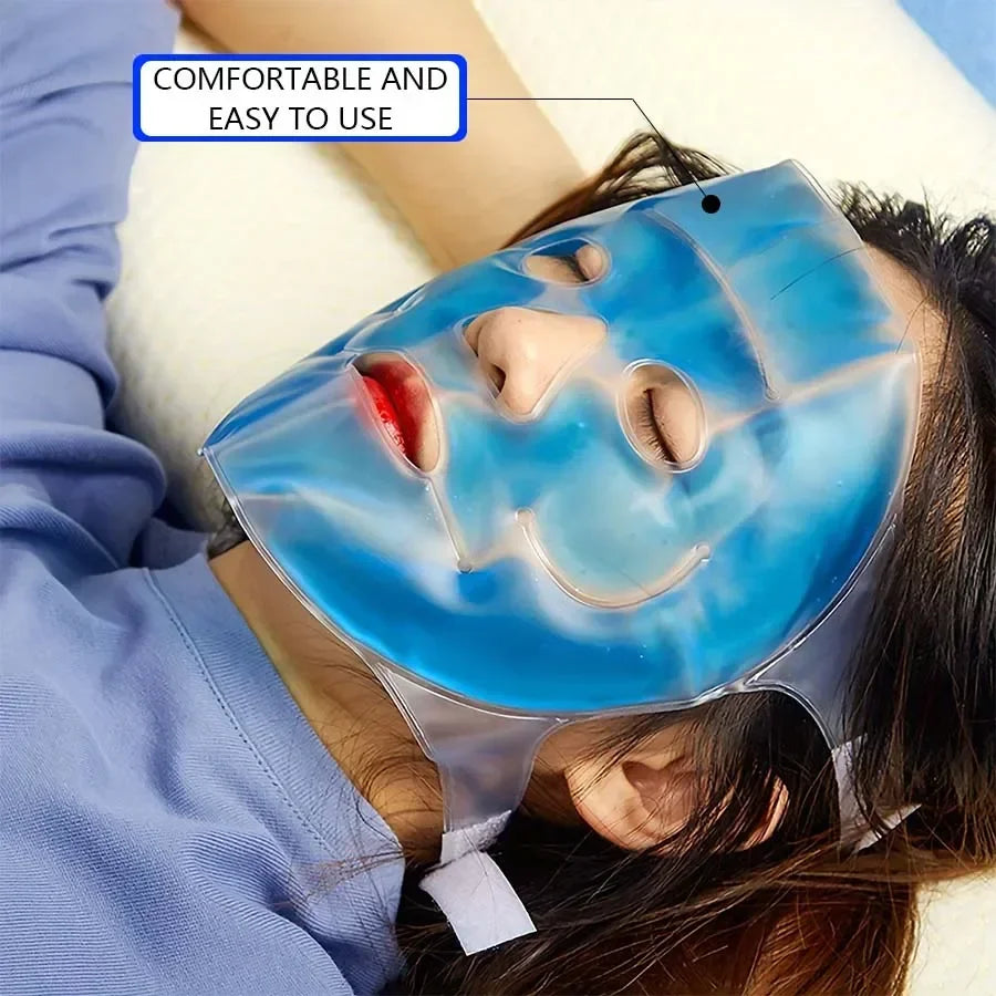 A woman wearing a clear, flexible blue gel face mask with cutouts for eyes, nose, and mouth, secured with straps.