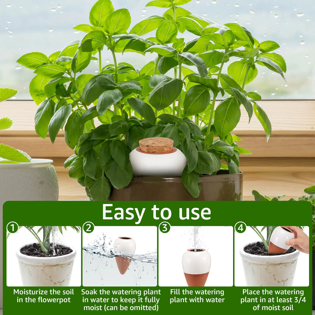 Ceramic self-watering plant spike inserted in pot, white top and terracotta cone with cork plug