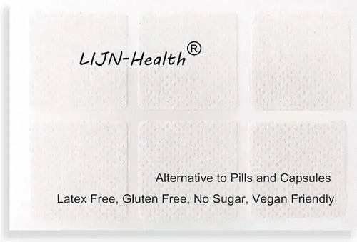White square transdermal patches on a sheet, labeled latex free and vegan friendly