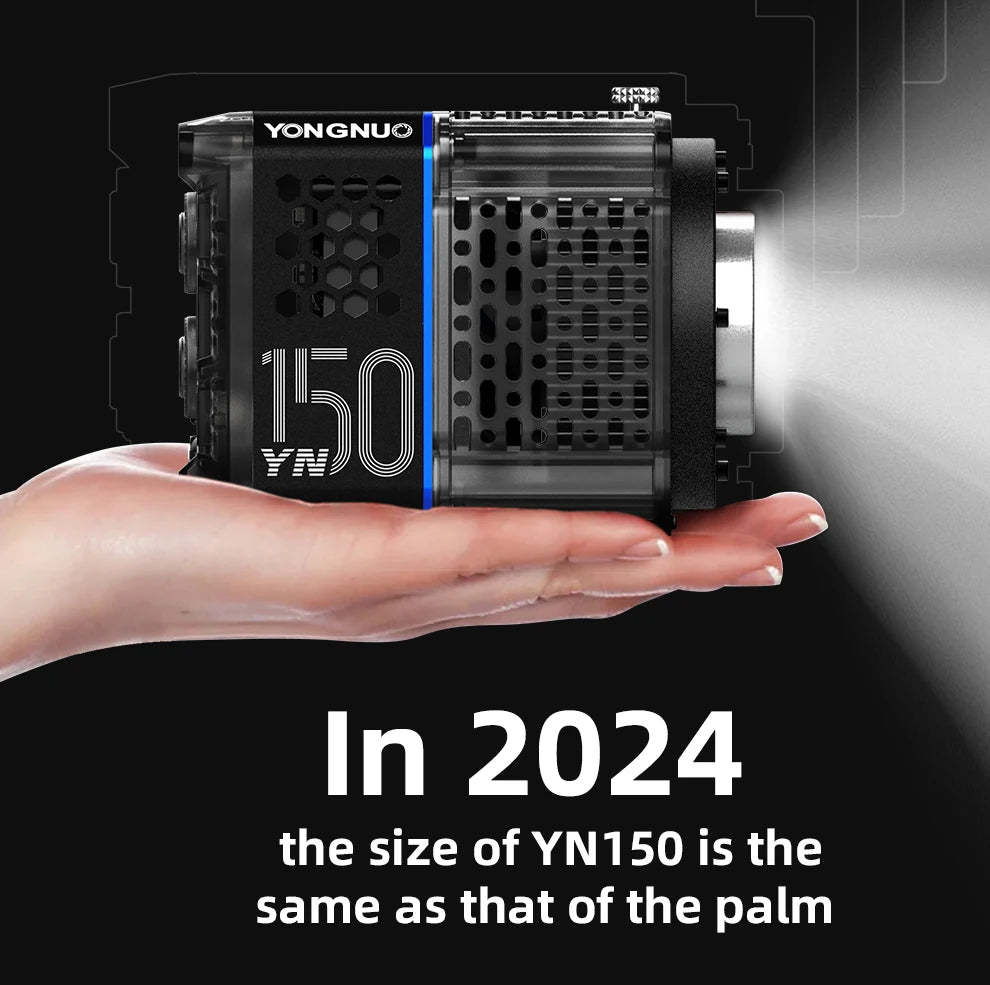 YN150 compact black LED studio light with a honeycomb patterned housing, held in a palm for scale.
