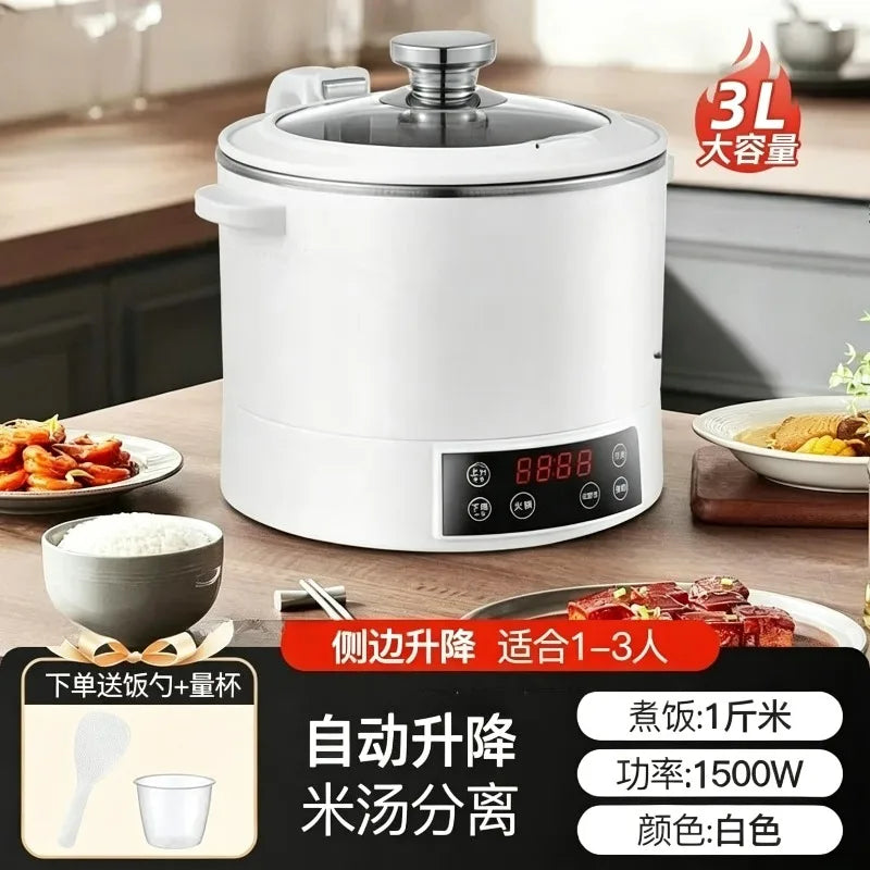 3L electric rice cooker with lid and steaming basket, white countertop pot