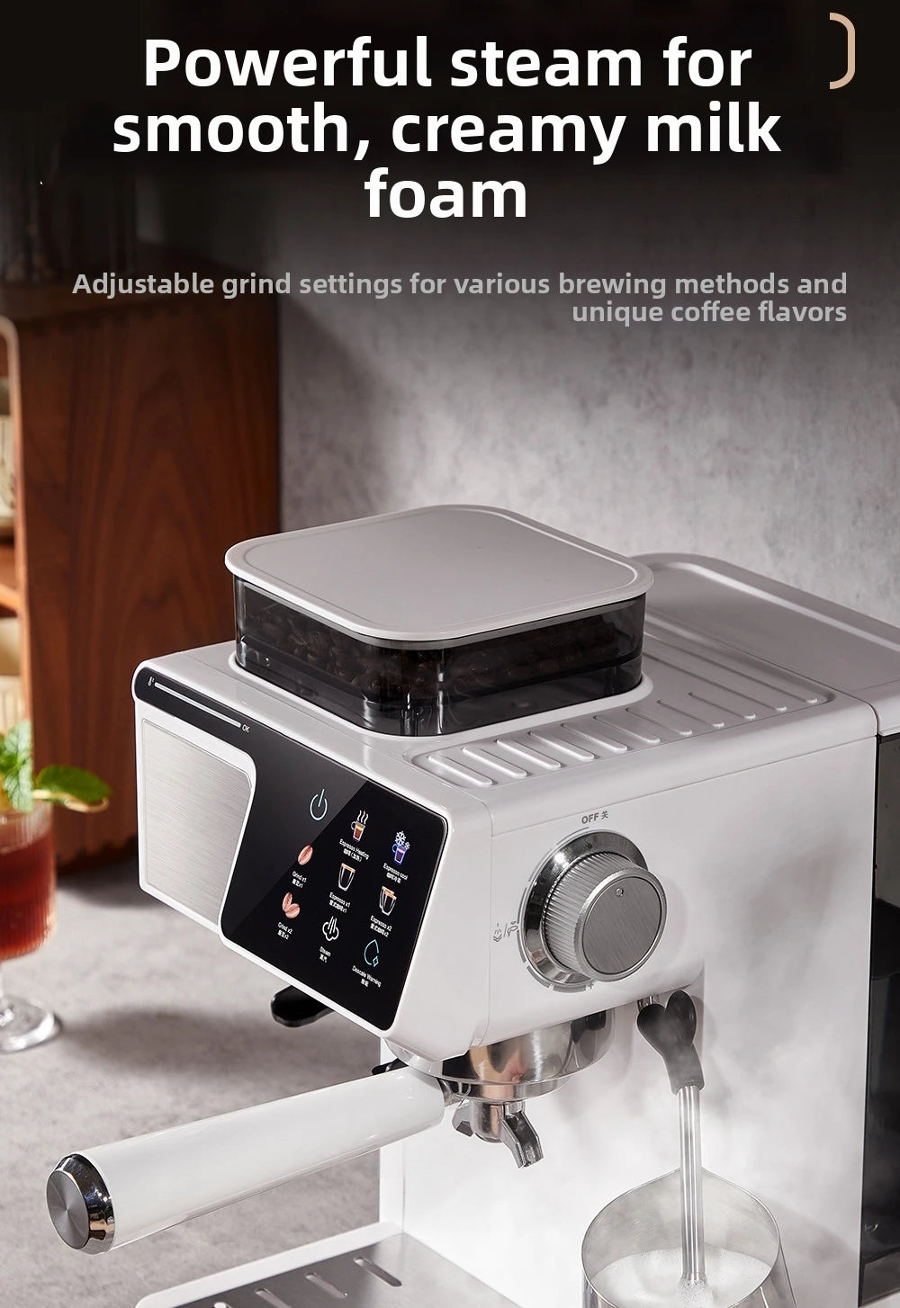 White modern espresso machine with integrated grinder, touchscreen display, and steam wand for milk frothing.