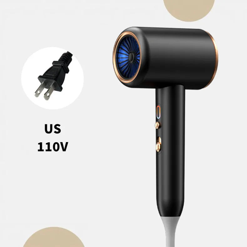 Black 2400W high-speed ionic hair dryer with blue light, US 110V plug, and sleek professional salon design.