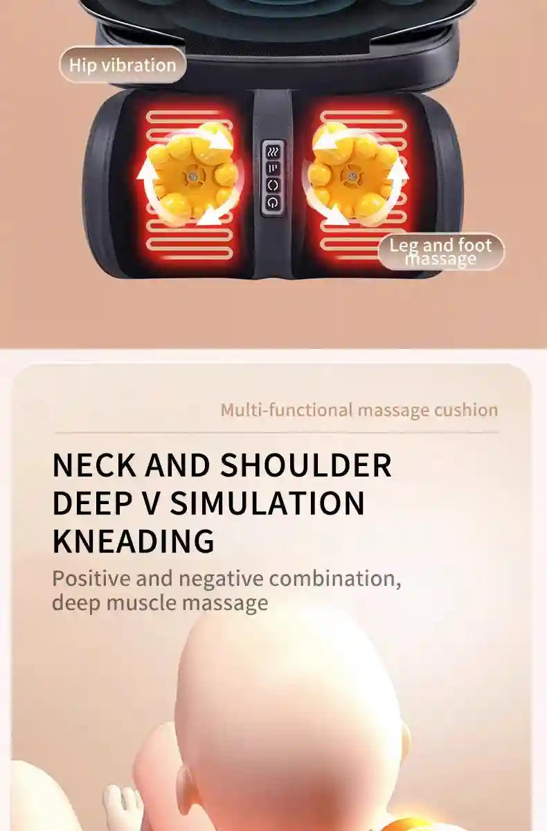 Black multi-functional massage cushion with rotating yellow kneading nodes for neck, hip, leg, and foot muscle relief.