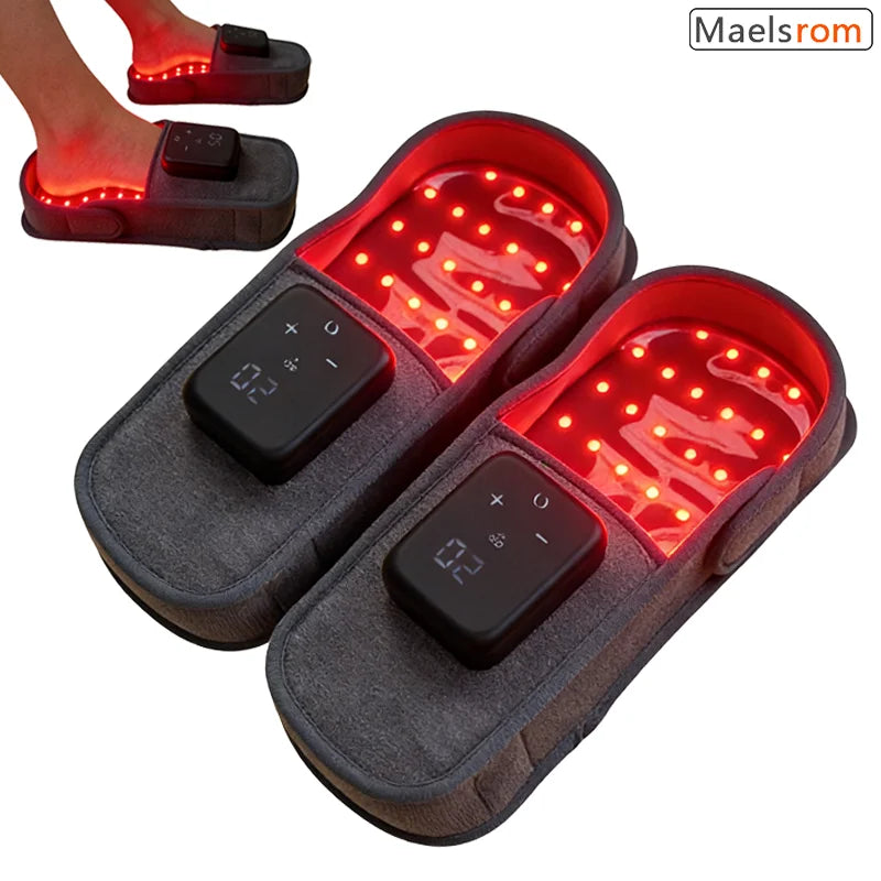 Wireless red light therapy slippers with digital control for foot pain relief, arthritis, and home infrared treatment.