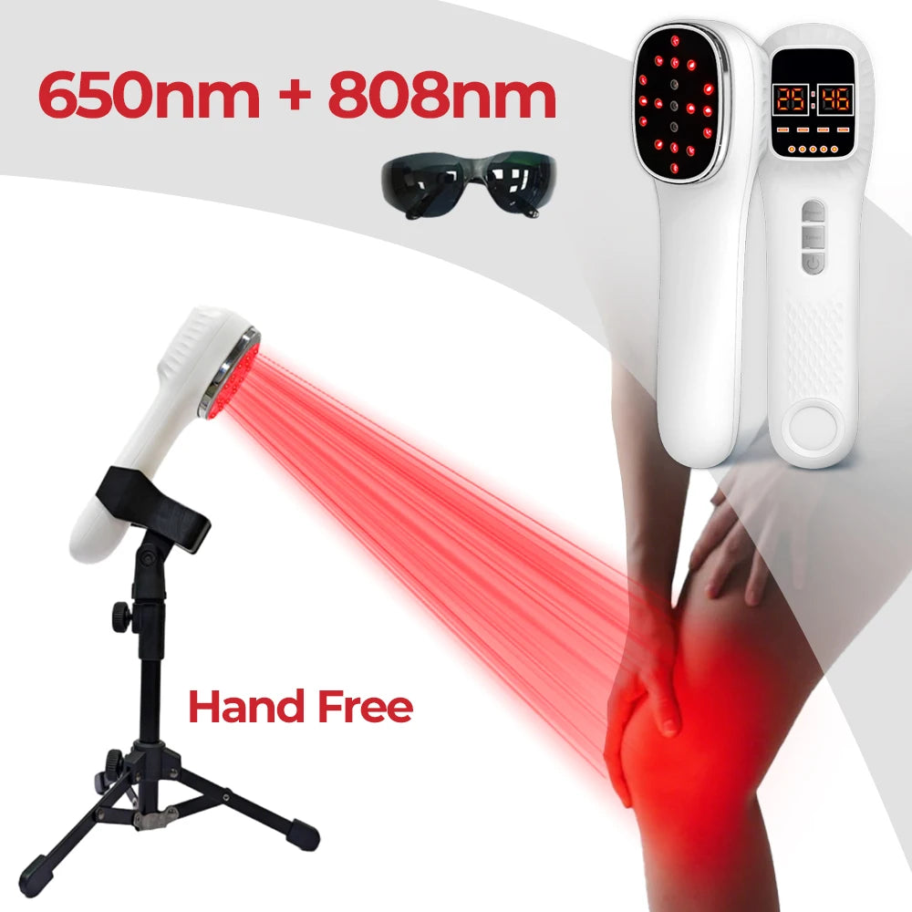 White handheld red and infrared light therapy device with a tripod stand, safety glasses, and digital display.
