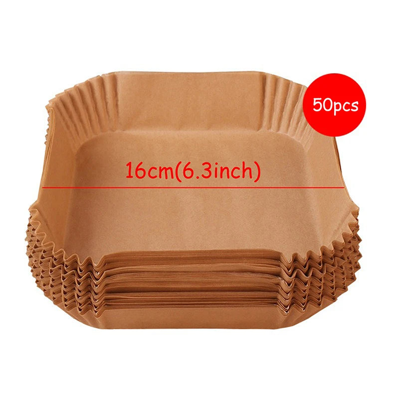 Square air fryer paper liners, brown, 16cm (6.3in), 50pcs, disposable baking trays