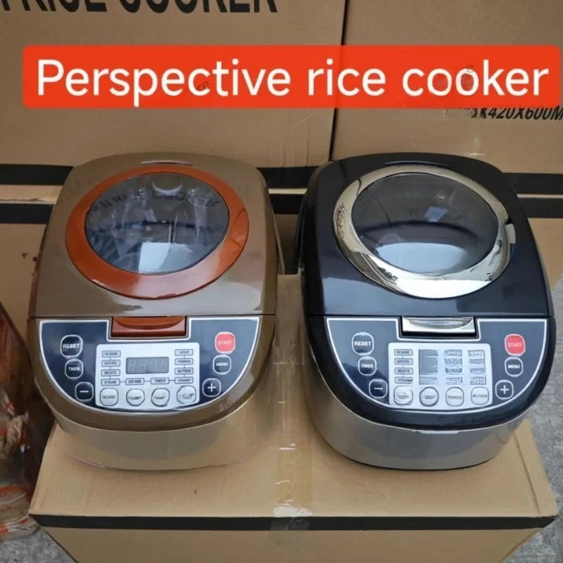 Two electric rice cookers on a box, orange and black lids with control panels