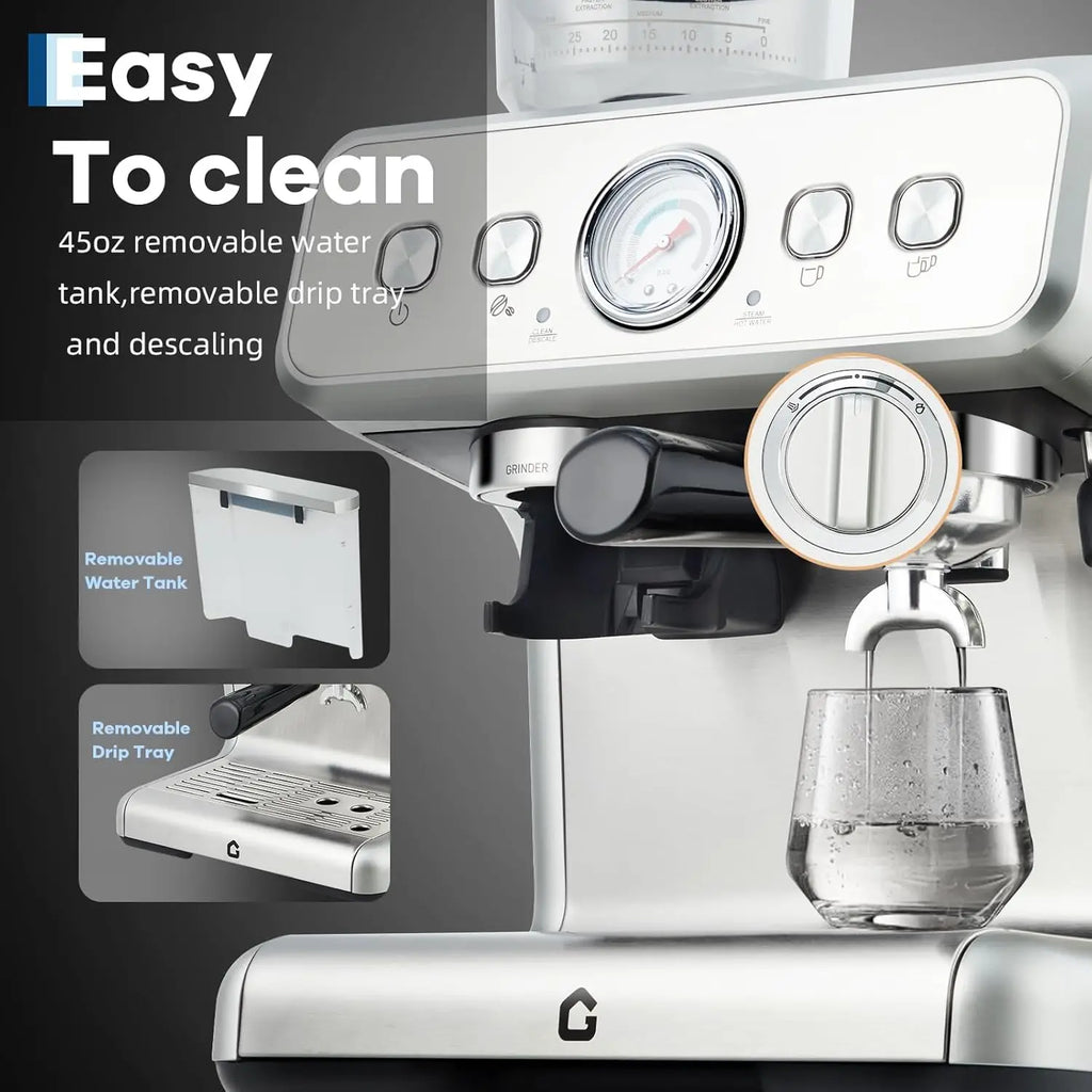Stainless steel espresso machine with 45oz water tank, pressure gauge, and removable drip tray for easy cleaning.