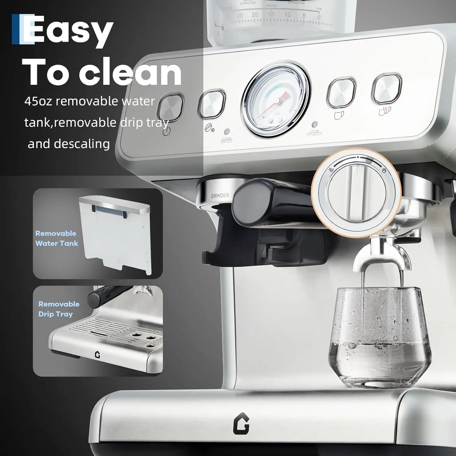 Stainless steel espresso machine with 45oz water tank, pressure gauge, and removable drip tray for easy cleaning.