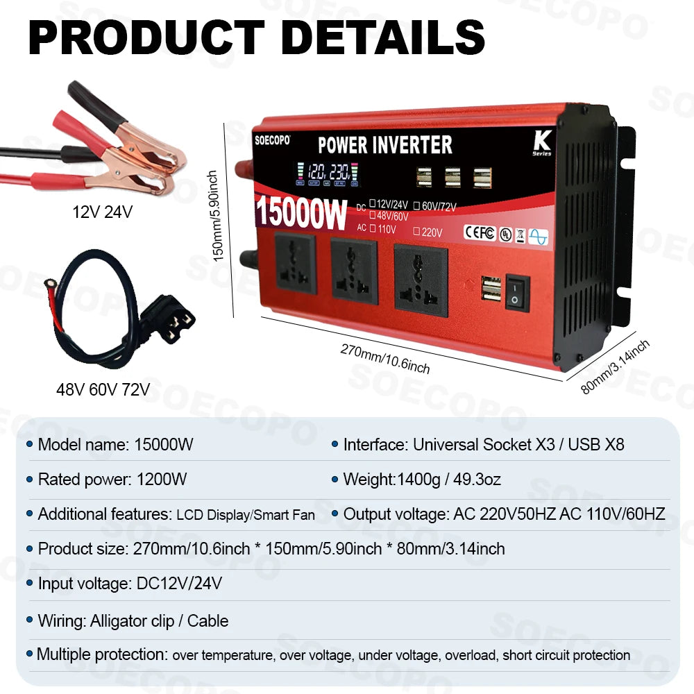 Portable Solar System Kit 15000W Peak 12V 24V To 110V 220V Inverter 3 Universal Sockets 300W Panel 100A Controller for Home RV
