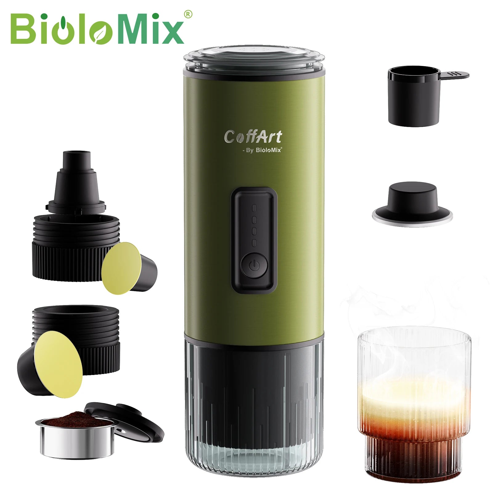 BioloMix CoffArt portable olive green espresso maker with coffee capsules, measuring scoop, and glass cup set.