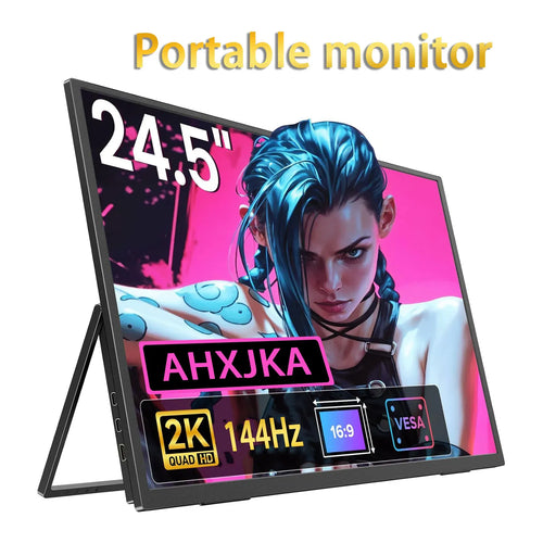 Portable gaming monitor with adjustable stand, showing colorful 4K 144Hz display.