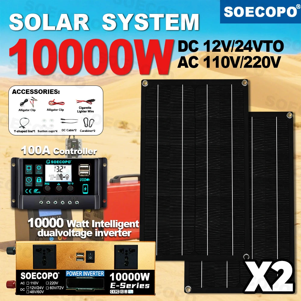 SOECOPO10000W Peak Solar System Kit 2x300W Solar Panels DC 12V 24V - AC 110V/220V Inverter 100A Controller for Home Camping