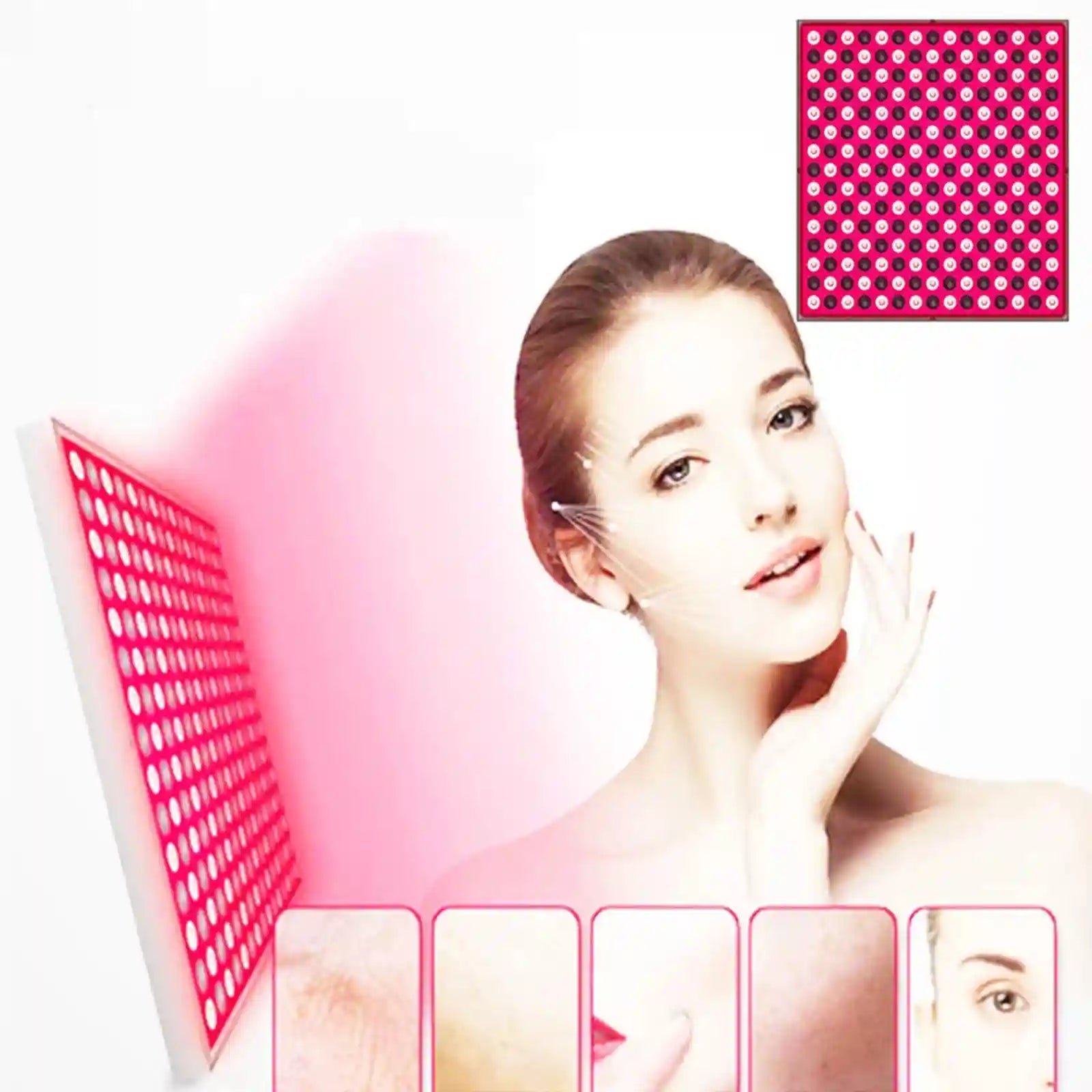 Square red light therapy panel with LED bulb grid for facial skin treatment.