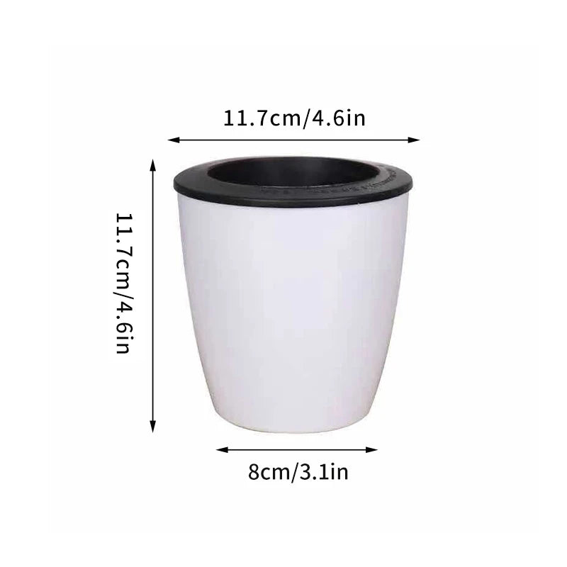 Self-watering plant pot, white with black rim and opening, 11.7cm tall, 8cm wide