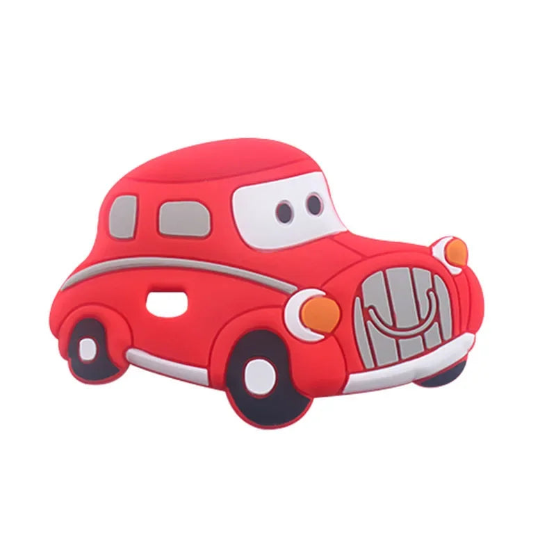 Red car silicone teething toy for baby teething relief.