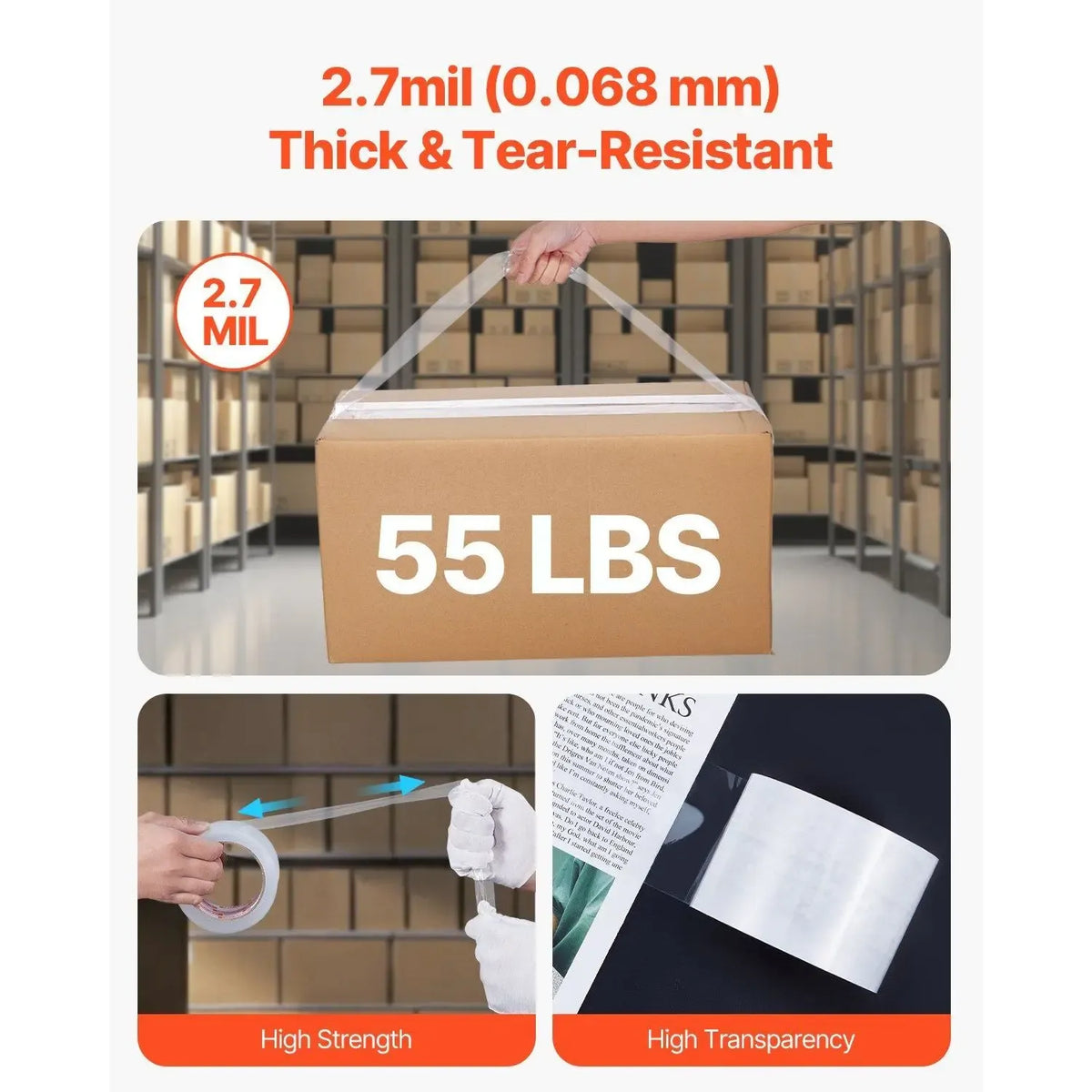 Clear packing tape, 2.7 mil thick and tear-resistant, shown for heavy carton sealing