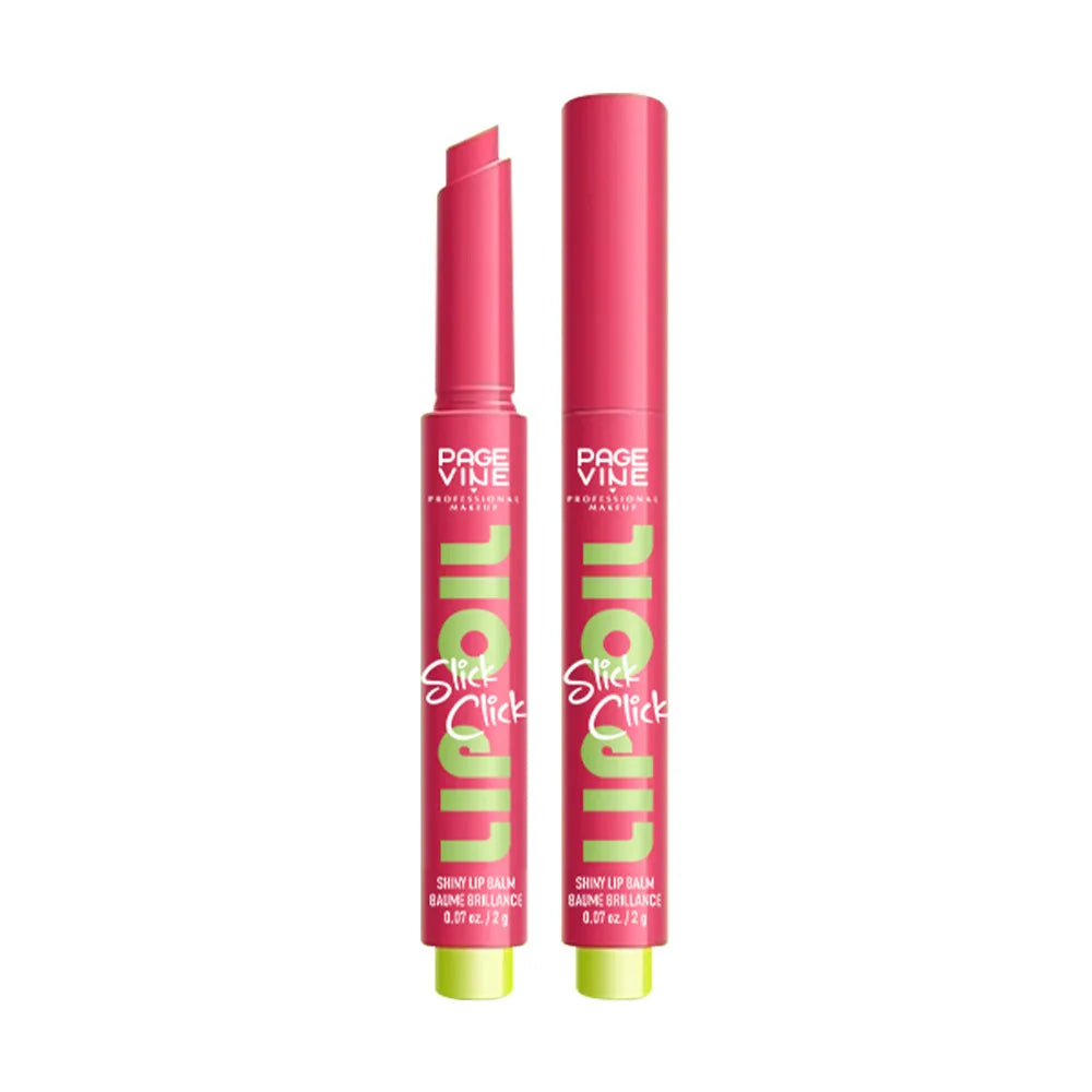 Page Vine click-press moisturizing lip gloss balm in a sleek pink tube with lime green accents. Professional makeup.