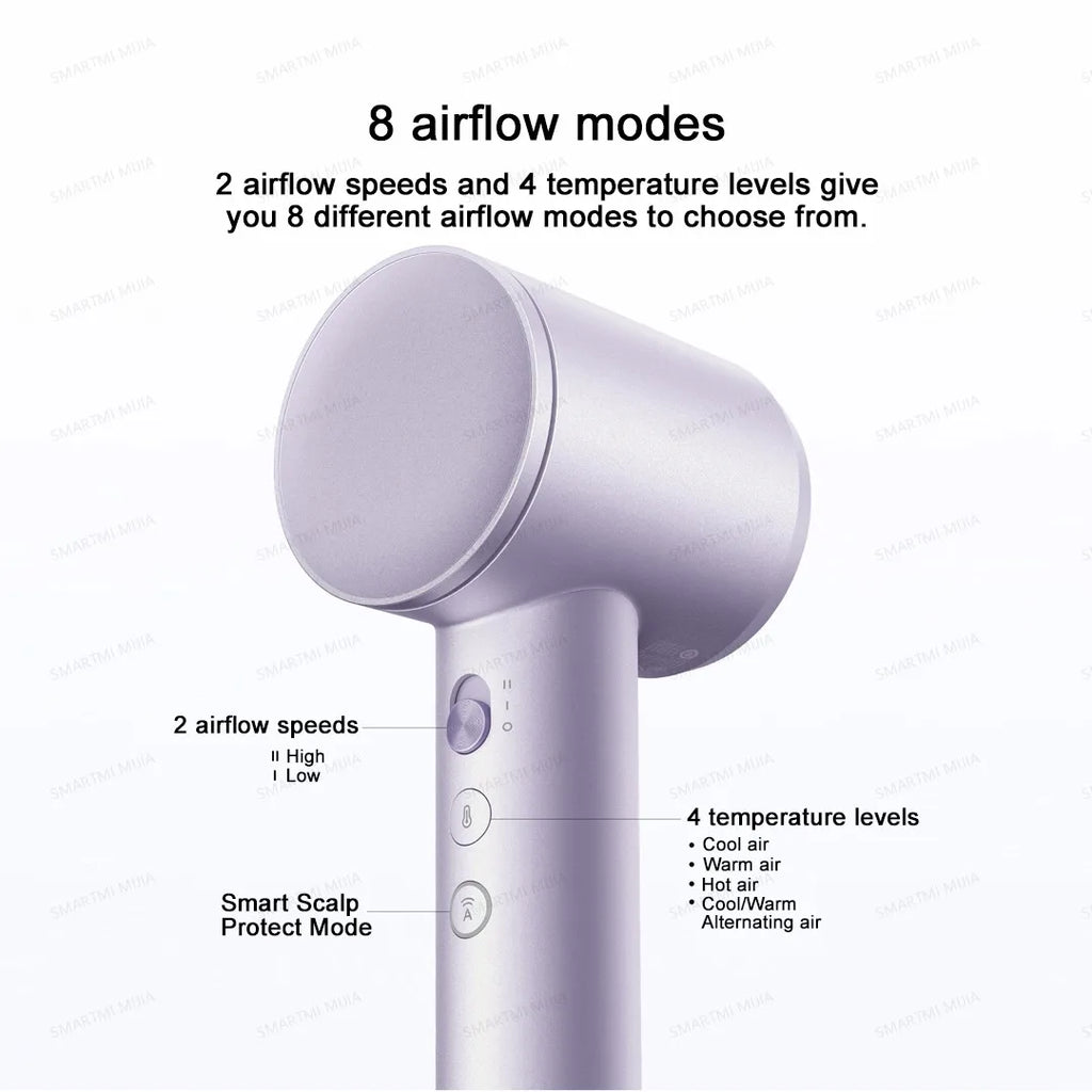 MIJIA High-Speed Hair Dryer Pro in purple with 8 airflow modes, speed settings, and smart scalp protection features.