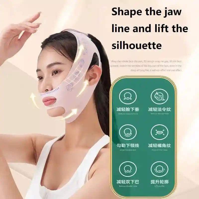 Woman wearing a pink, patterned 3D double chin slimming mask to lift the face and tighten the jawline for contouring.