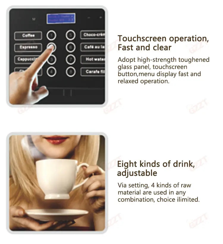 GZZT commercial coffee machine with black toughened glass touchscreen interface, capable of brewing 8 different drinks.
