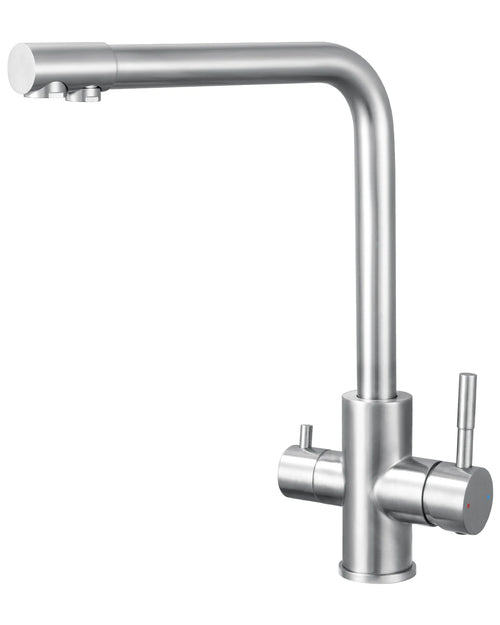 Brushed stainless steel 3-way kitchen faucet, two-handle mixer, swivel spout