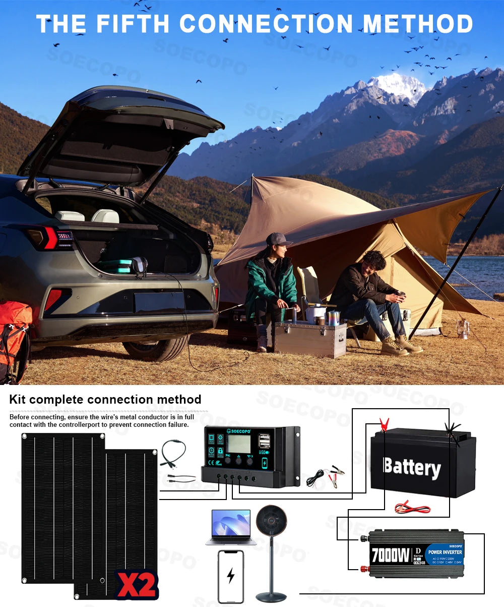SOECOPO 7000W Peak Solar System Kit 2x800W Panels 100A Controller DC 12V To AC 110V 220V Inverter Generator for Home Camping