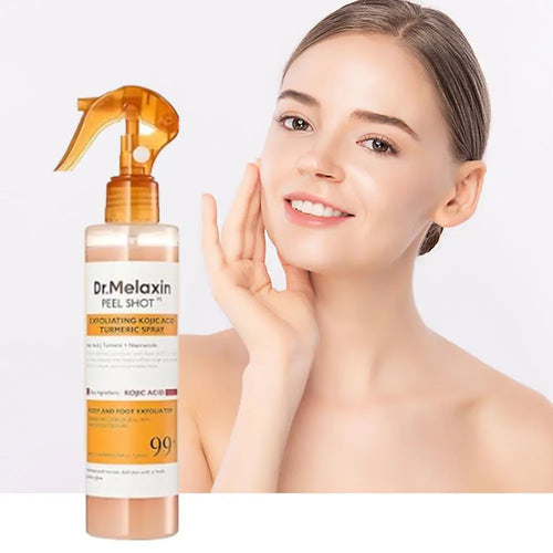 Dr. Melaxin anti-inflammatory turmeric spray in amber packaging for skin exfoliation.