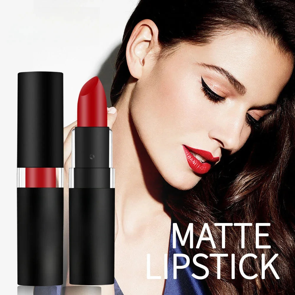 Waterproof matte wine red lipstick in black tube with model wearing long-lasting, highly pigmented sexy red lip makeup.