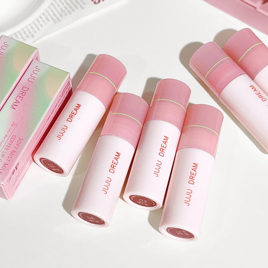 JUJU DREAM 6-color matte lip glaze set with pink packaging, non-stick velvet finish, and long-lasting formula.