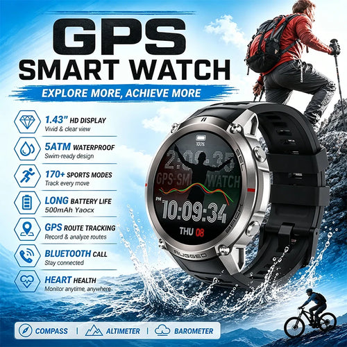 Black GPS outdoor smart watch with round AMOLED display and black sport band