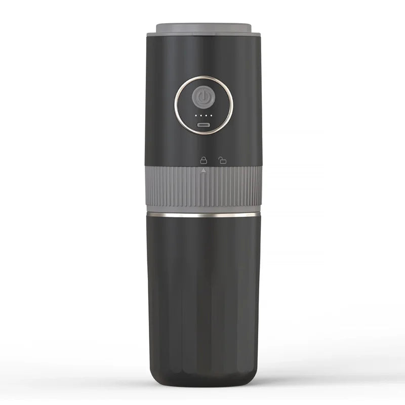Portable black electric coffee grinder with power button, LED indicators, and adjustable gear ring on white background.