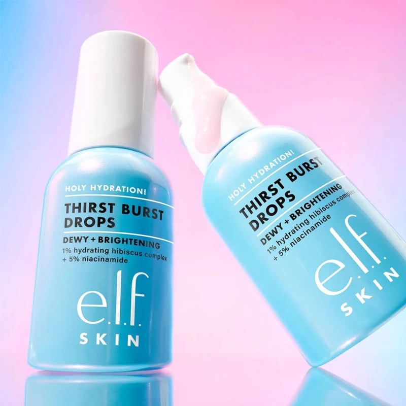 e.l.f. Skin Holy Hydration! Thirst Burst Drops bottles with dewy, brightening, niacinamide-infused hydrating serum.
