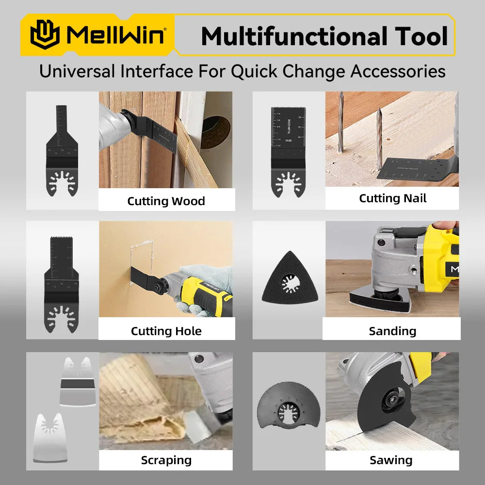 MELLWIN Brushless Oscillating Multi Function Tool Electric Saw Polisher Woodworking Cutting Tool For Makita 18V Battery Pin