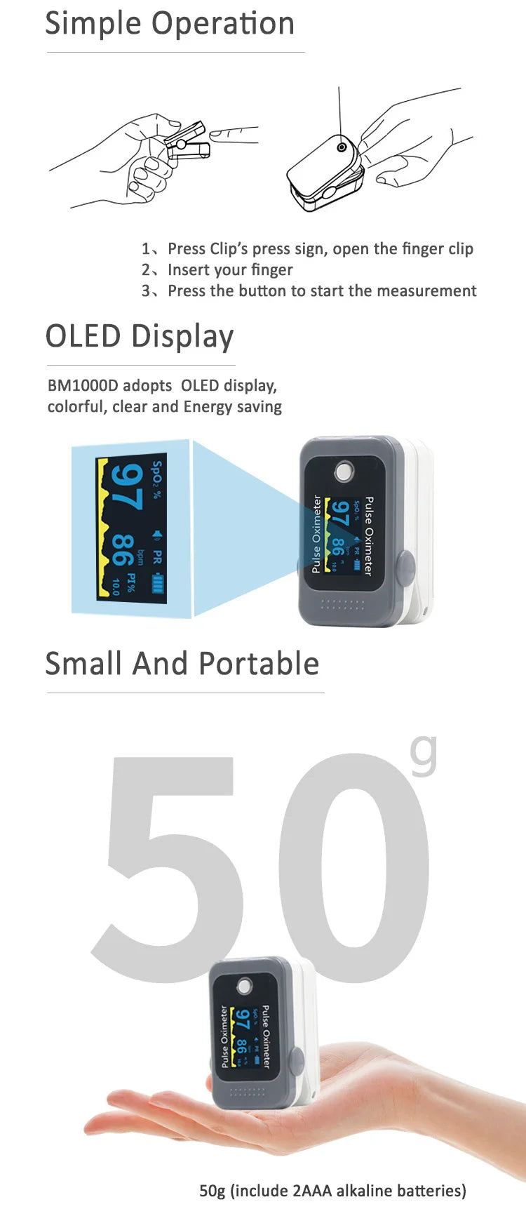 BERRY OLED Finger Oximeter Blood Oxygen Pediatric Oximeters Fingertip Portable Oximeters Saturation Meter Heart Rate Monitor