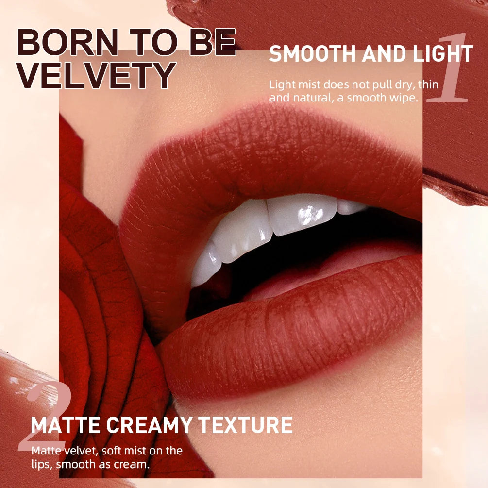 QIBEST matte nude lipstick and lip liner set, featuring a creamy, long-lasting velvet red finish for soft lips.
