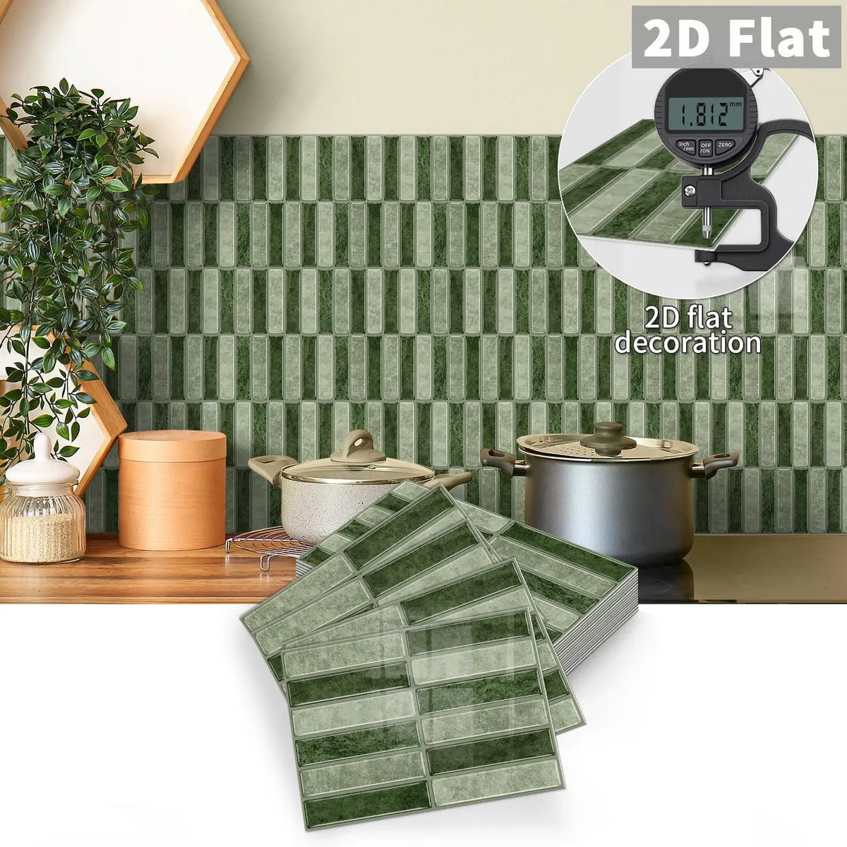 Self-adhesive dark green tile decal stickers with rectangular grid, peel-and-stick sheets