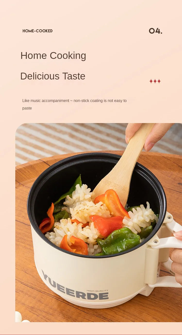 Cream and red YUEERDE electric hot pot with rice and vegetables being stirred