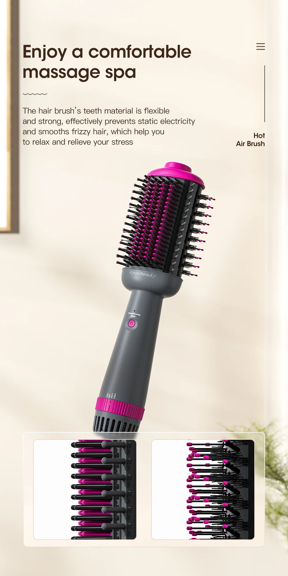 Kinseibeauty 3-speed hot air brush, gray and pink styling tool for smoothing frizzy hair with professional round head.
