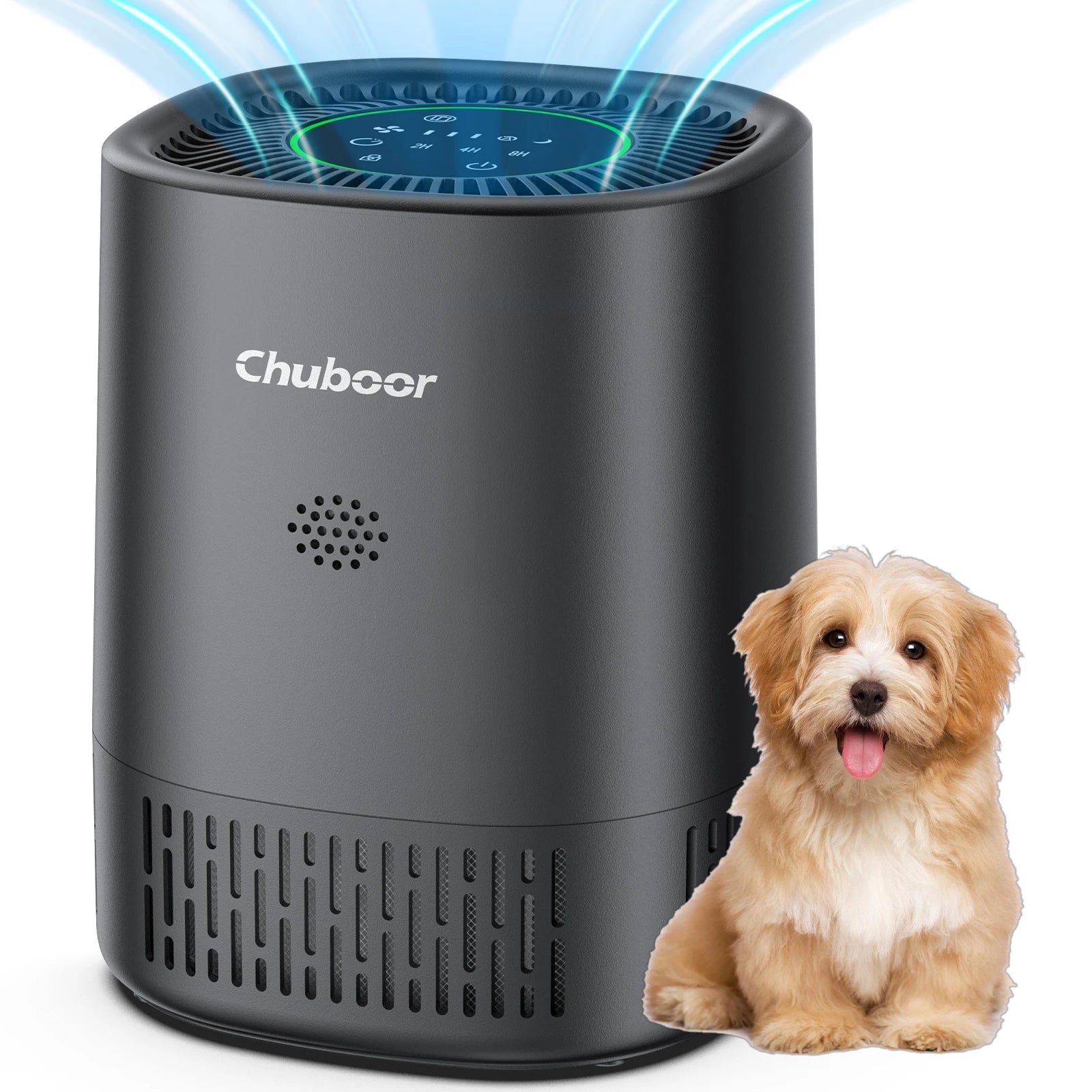 Black Chuboor air purifier for pet dander and odor, featuring sponge filters for clean air in homes with dogs.
