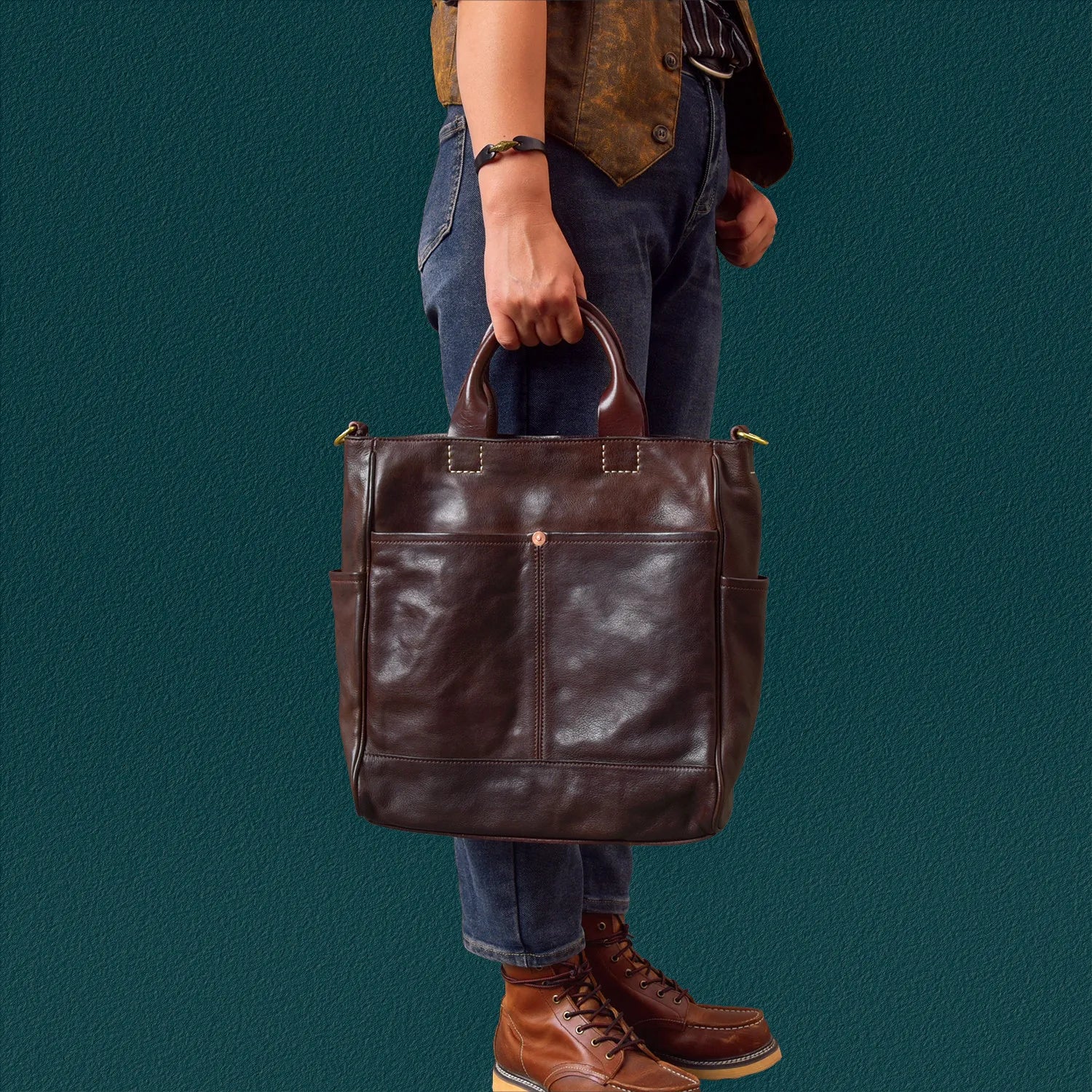 Fashion organizers designers handmade genuine leather men's tote bag outdoor travel luxury vegetable tanned cowhide handbags