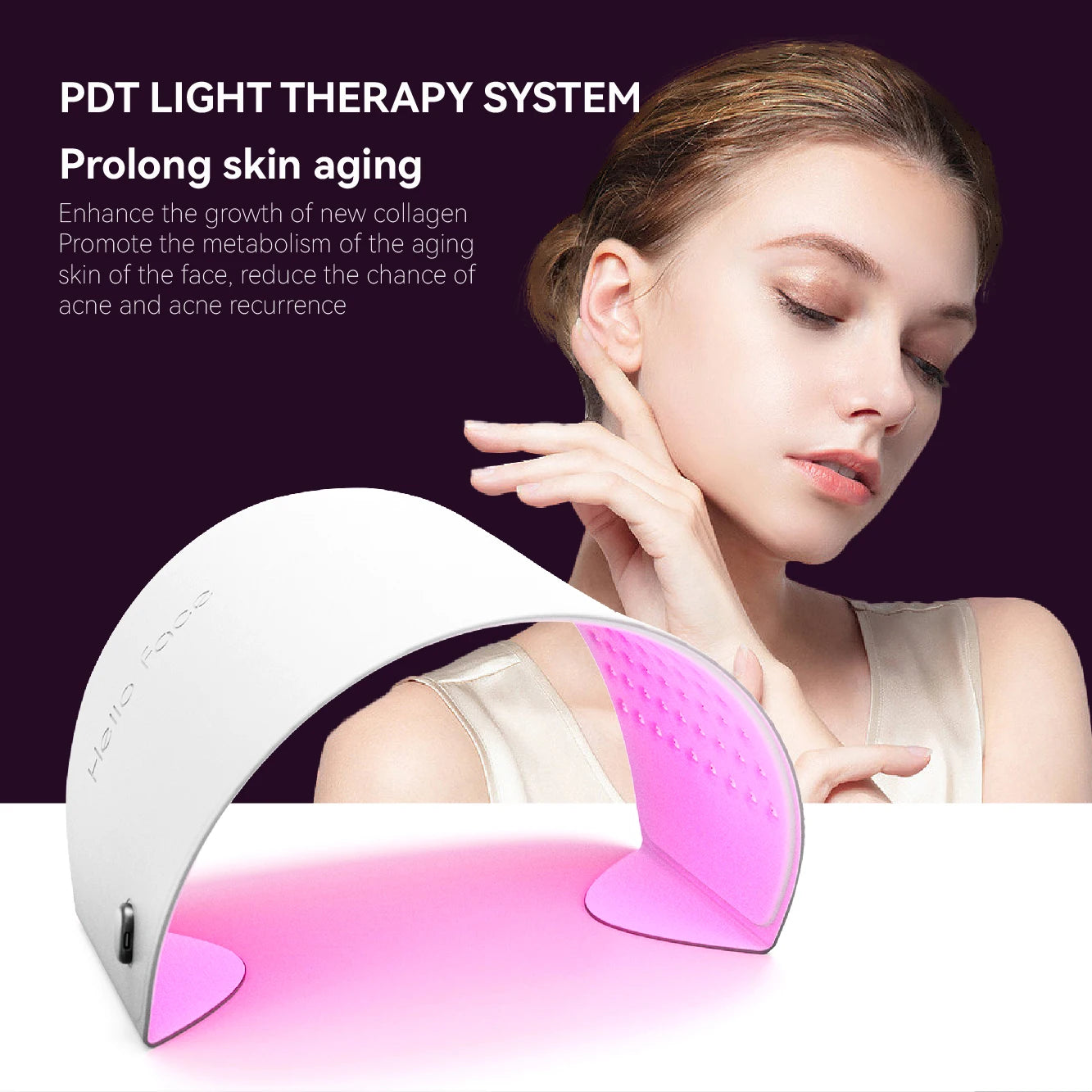 White curved LED light therapy mask emitting pink light, displayed with a woman in the background.