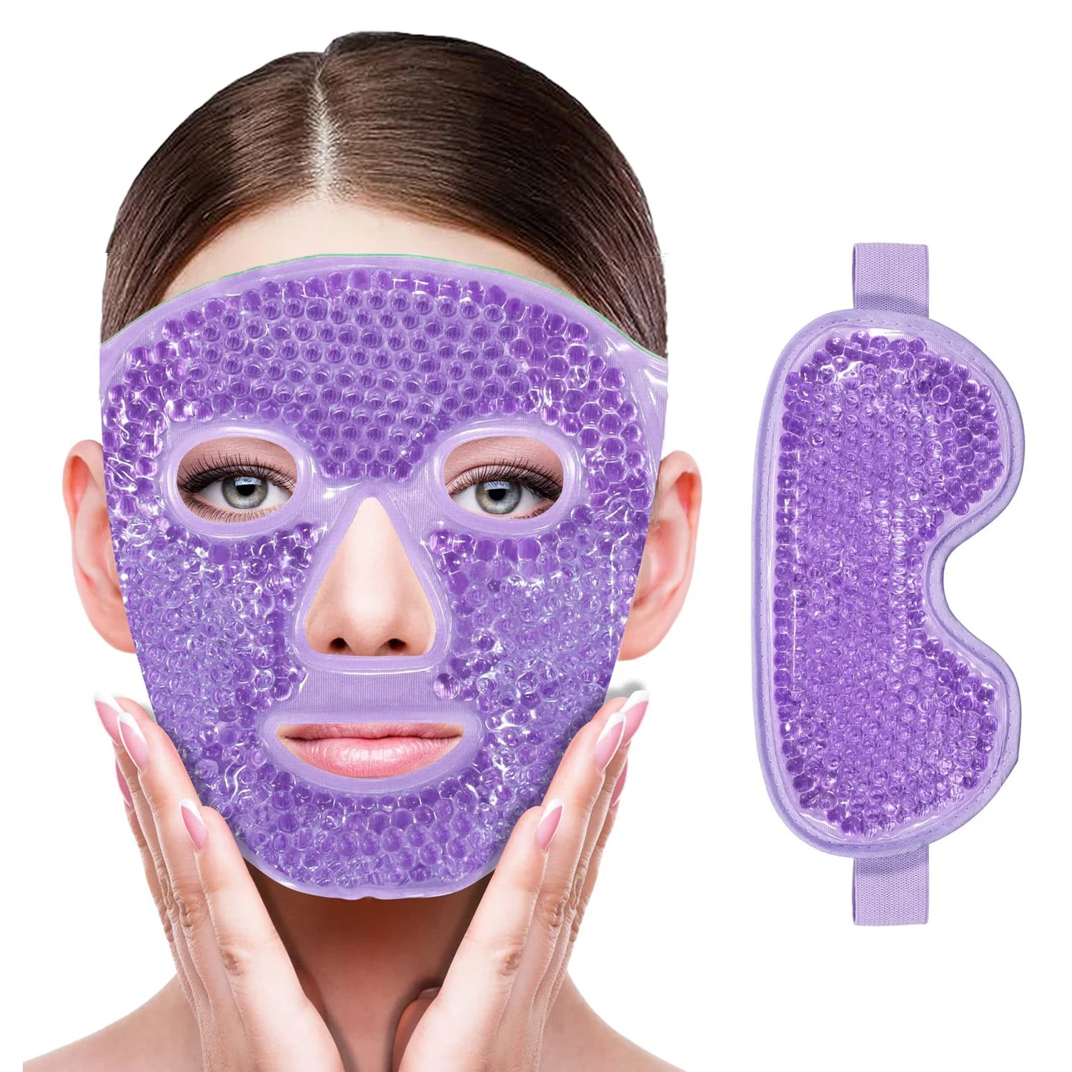 Person wearing a purple gel-bead cooling facial mask, with a matching eye mask shown separately next to them.