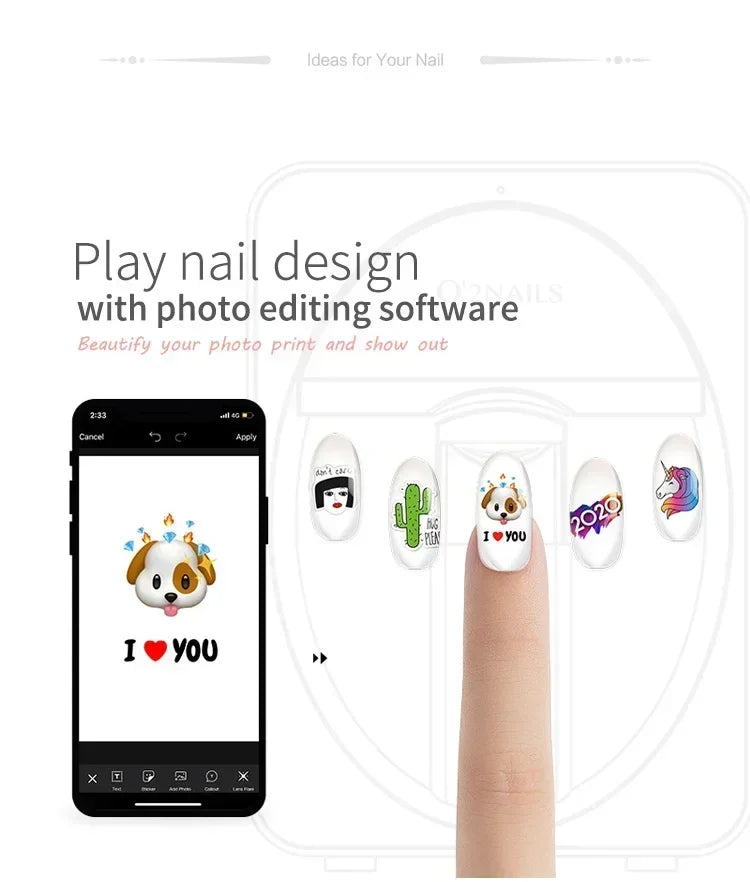Smart 3D nail printer app interface showing custom designs on nails for home salon use with WiFi connectivity.