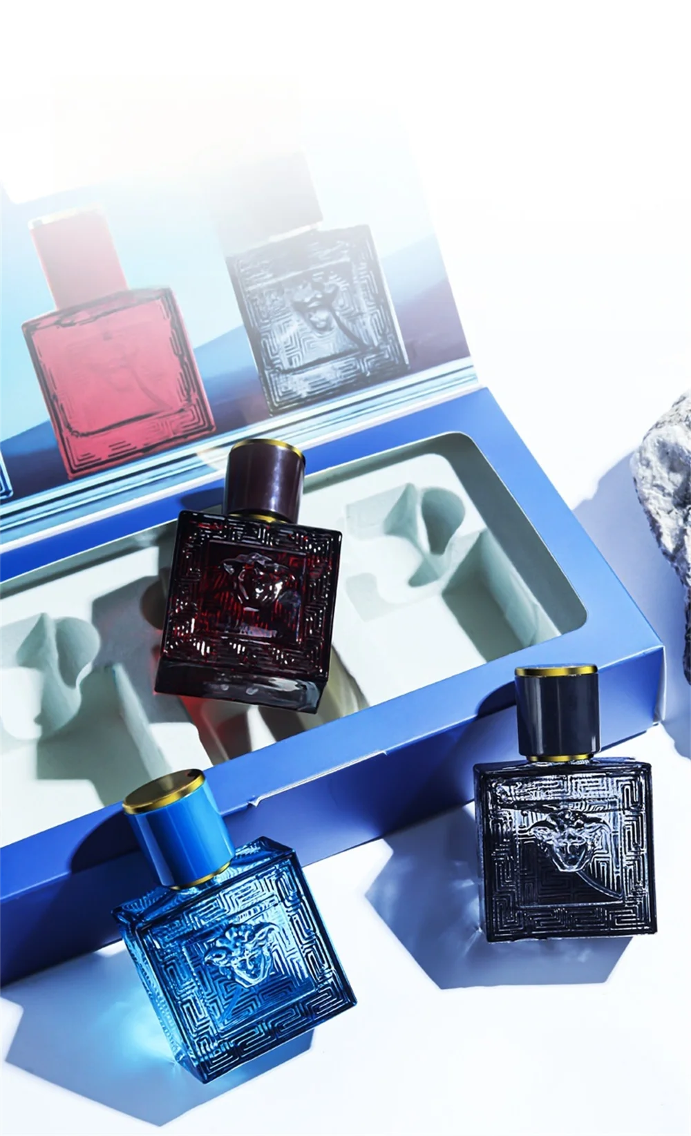 Versace Eros 90ml men's perfume gift set, 3 square glass cologne bottles with Medusa head logo and blue/red design.